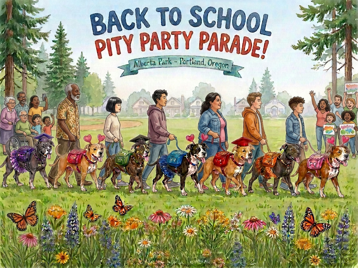 Watercolor side view of the Back to School Pity Party Parade in Portland: costumed pit bulls in backpacks and graduation caps walking past Alberta Street Books while neighbors wave, with Mount Hood and wildflowers behind